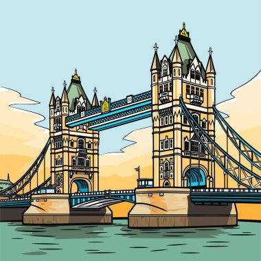 Tower Köprüsü. Tower Bridge el çizimi çizgi roman çizimi. Vektör karalama stili çizgi film çizimi