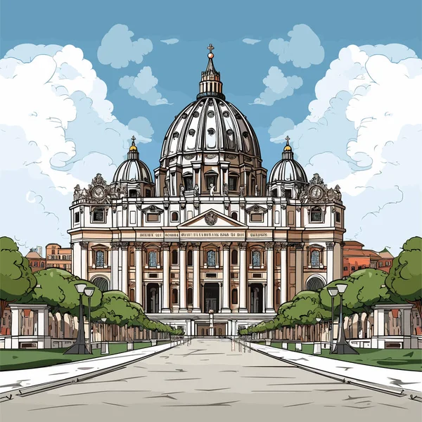 Basílica San Pedro Basílica San Pedro Ilustración Cómica Dibujada Mano — Vector de stock