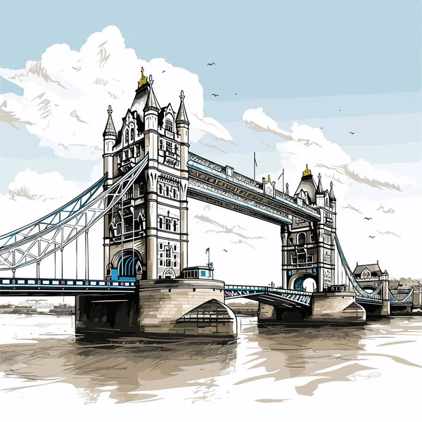 Tower Köprüsü Tower Bridge Çizimi Çizgi Roman Çizimi Vektör Karalama — Stok Vektör