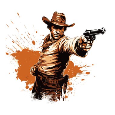 Shooting cowboy hand-drawn comic illustration. Cowboy with a gun. Vector doodle style cartoon illustration clipart