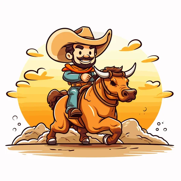 Rodeio Cowboy Montando Touro Cowboy Montando Touro Desenhado Mão Ilustração —  Vetores de Stock