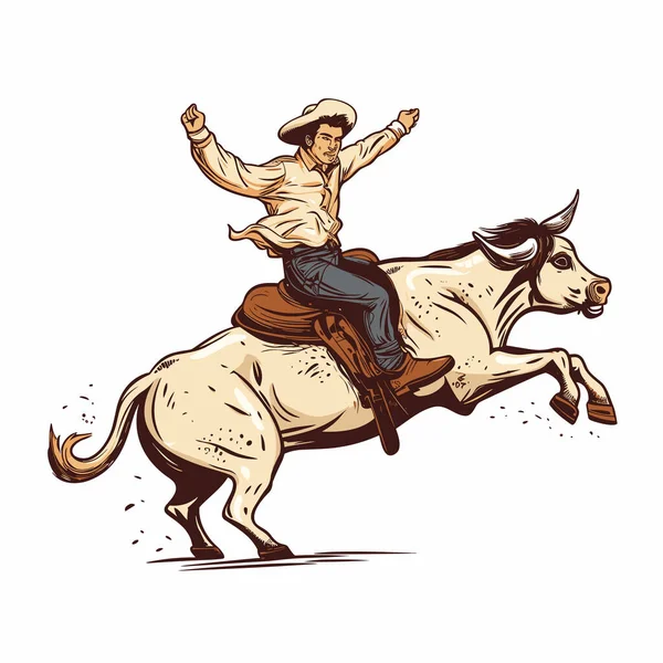 Rodeo Vaquero Montando Toro Vaquero Montando Toro Dibujado Mano Ilustración — Vector de stock