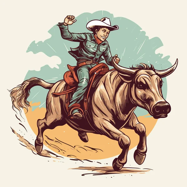 Rodeo Cowboy Beim Bullenreiten Cowboy Der Einen Von Hand Gezeichneten — Stockvektor