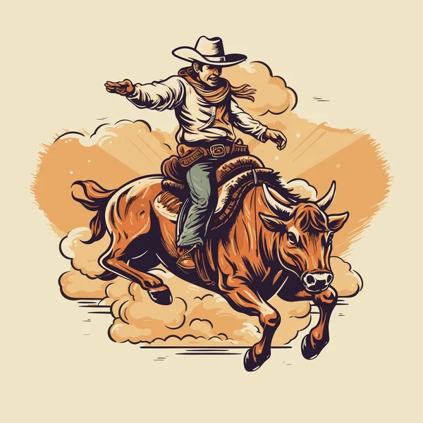 Rodeo Här Cowboy Rider Tjur Cowboy Rider Tjur Handritad Serietidning — Stock vektor