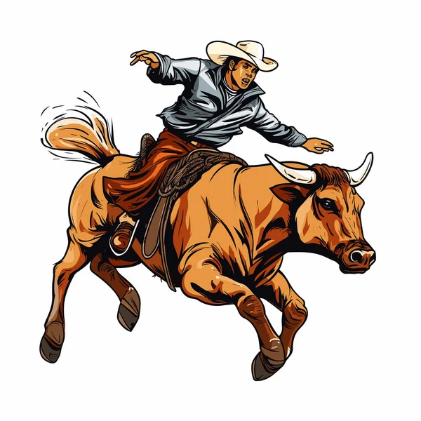 Rodeo Cowboy Riding Bull Cowboy Riding Bull Hand Drawn Comic — Stock Vector