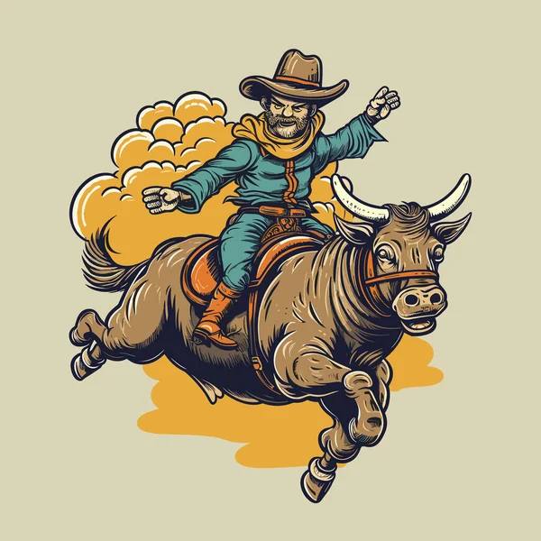 Rodeo Vaquero Montando Toro Vaquero Montando Toro Dibujado Mano Ilustración — Vector de stock