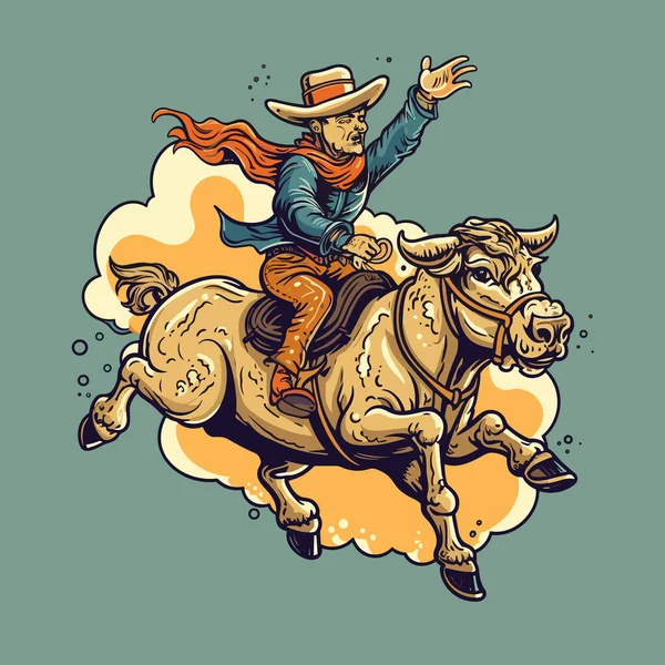 Rodeo Cowboy Rir Okse Cowboy Rir Okse Tegnet Tegneserie Illustrasjon – stockvektor