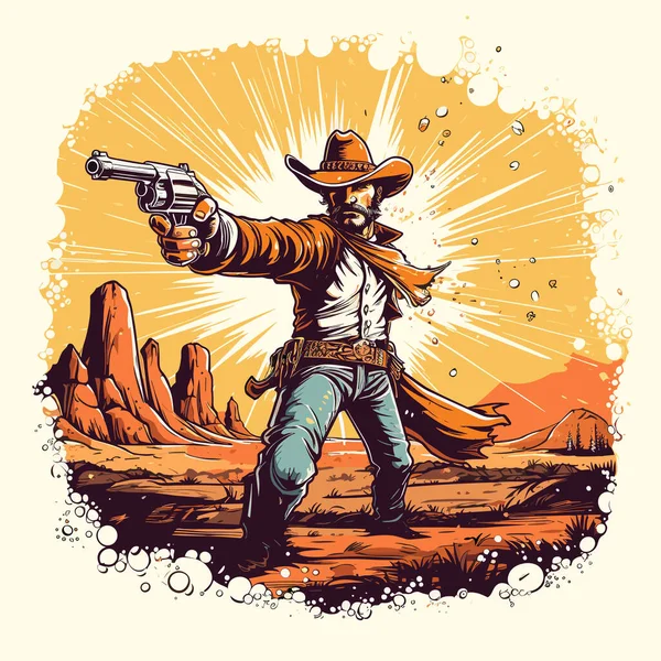 Disparos Vaquero Dibujado Mano Ilustración Cómica Vaquero Con Arma Vector — Vector de stock