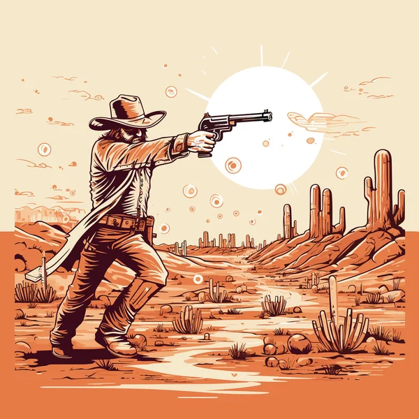 Disparos Vaquero Dibujado Mano Ilustración Cómica Vaquero Con Arma Vector — Archivo Imágenes Vectoriales