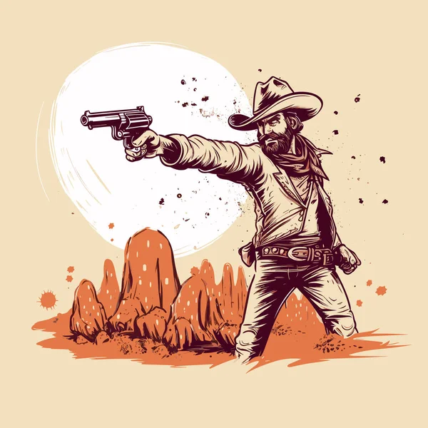 Disparos Vaquero Dibujado Mano Ilustración Cómica Vaquero Con Arma Vector — Vector de stock