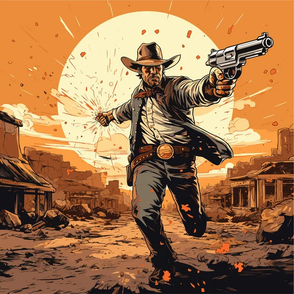 Sparare Cowboy Disegnato Mano Illustrazione Fumetti Cowboy Con Una Pistola — Vettoriale Stock