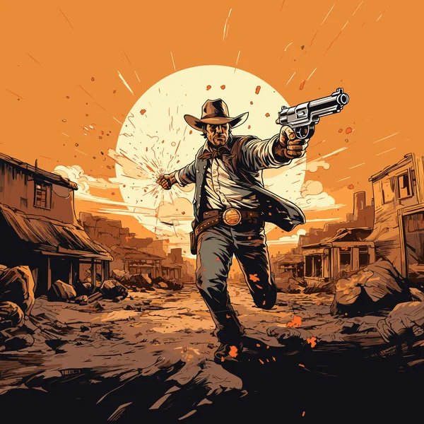 Fotografar Cowboy Desenhado Mão Ilustração Cômica Cowboy Com Uma Arma —  Vetores de Stock