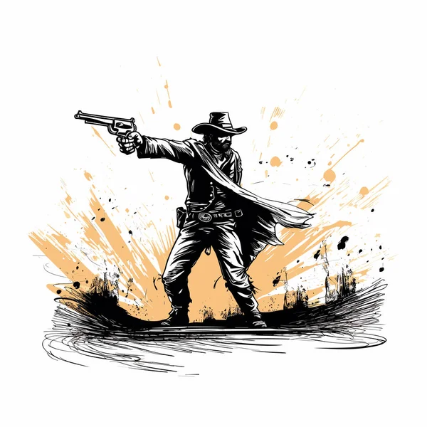 Fotografar Cowboy Desenhado Mão Ilustração Cômica Cowboy Com Uma Arma — Vetor de Stock