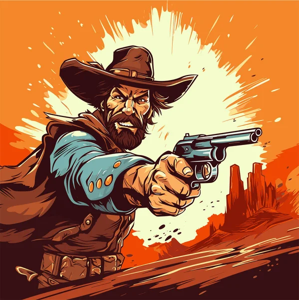 Fotografar Cowboy Desenhado Mão Ilustração Cômica Cowboy Com Uma Arma — Vetor de Stock