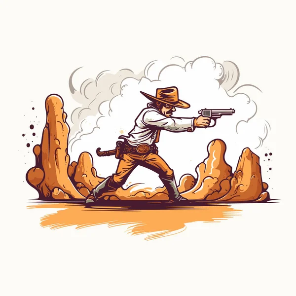Shooting Cowboy Handgezeichnete Comic Illustration Cowboy Mit Waffe Zeichentrickfilm Vector — Stockvektor