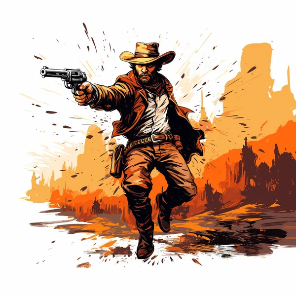 Shooting Cowboy Hand Drawn Comic Illustration Cowboy Gun Vector Doodle — Stock Vector