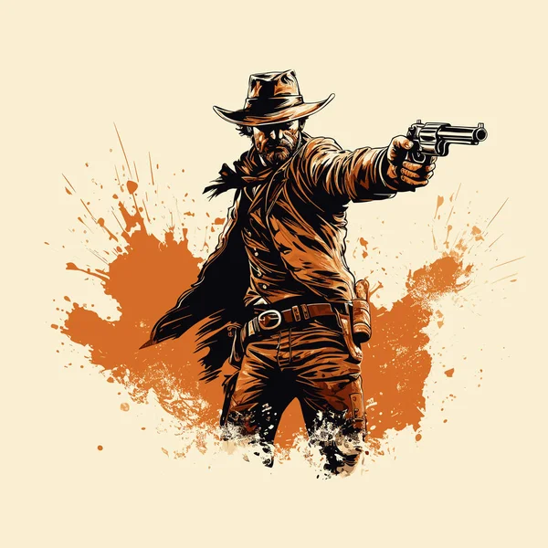 Shooting Cowboy Hand Drawn Comic Illustration Cowboy Gun Vector Doodle — Stock Vector