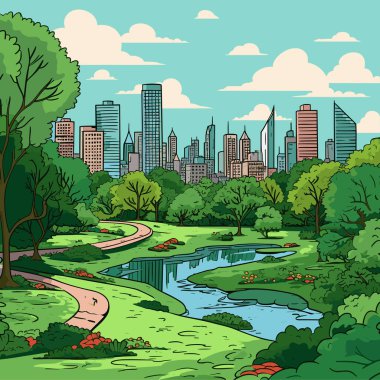 Central Park el yapımı çizgi roman çizimi. Central Park 'ta. Vektör karalama stili çizgi film çizimi