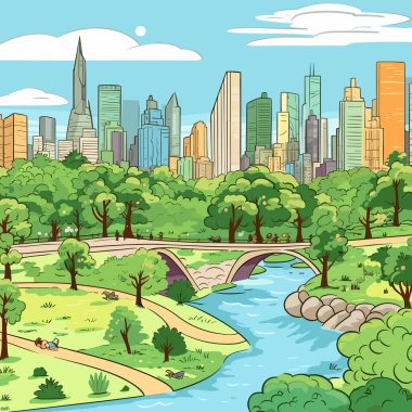Central Park el yapımı çizgi roman çizimi. Central Park 'ta. Vektör karalama stili çizgi film çizimi