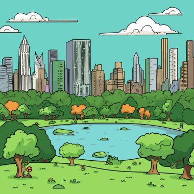Central Park el yapımı çizgi roman çizimi. Central Park 'ta. Vektör karalama stili çizgi film çizimi