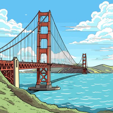 Golden Gate Köprüsü elle çizilmiş komik çizimler. Golden Gate Köprüsü. Vektör karalama stili çizgi film çizimi