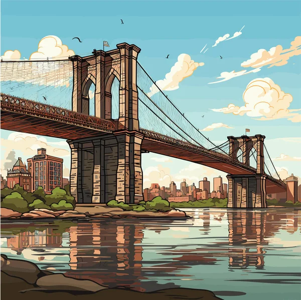 ブルックリン ブリッジの手描きコミックイラスト ブルックリン橋 ベクトル落書きスタイルの漫画イラスト — ストックベクタ