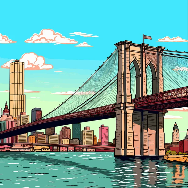 Brooklyn Bridge Handritad Serietidning Brooklyn Bridge Vektor Klotter Stil Tecknad — Stock vektor