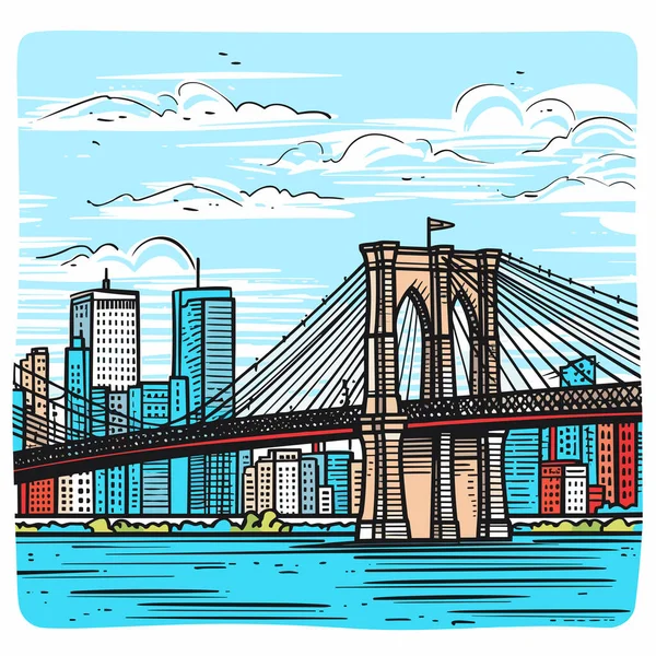 Ilustracja Komiksu Mostu Brooklińskiego Most Brookliński Wektor Doodle Styl Kreskówki — Wektor stockowy