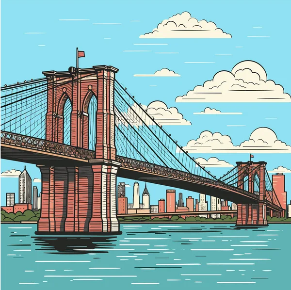 Ilustracja Komiksu Mostu Brooklińskiego Most Brookliński Wektor Doodle Styl Kreskówki — Wektor stockowy
