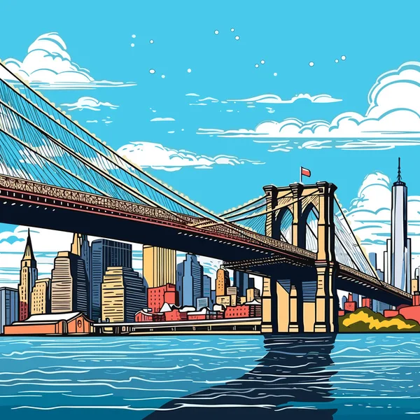 Brooklyn Bridge Dibujado Mano Ilustración Cómica Puente Brooklyn Vector Doodle — Archivo Imágenes Vectoriales