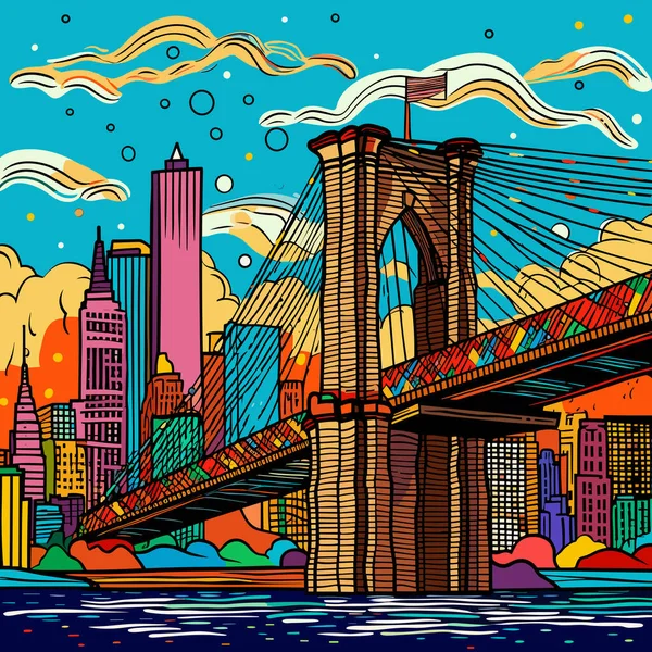 Χειροποίητη Κωμική Απεικόνιση Της Γέφυρας Του Μπρούκλιν Γέφυρα Μπρούκλιν Εικονογράφηση — Διανυσματικό Αρχείο