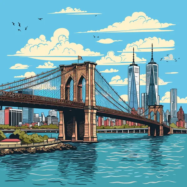 Handgezeichnete Comic Illustration Von Brooklyn Bridge Brooklyn Bridge Zeichentrickfilm Vector — Stockvektor