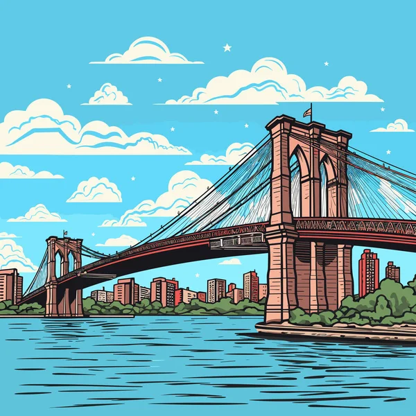 Χειροποίητη Κωμική Απεικόνιση Της Γέφυρας Του Μπρούκλιν Γέφυρα Μπρούκλιν Εικονογράφηση — Διανυσματικό Αρχείο