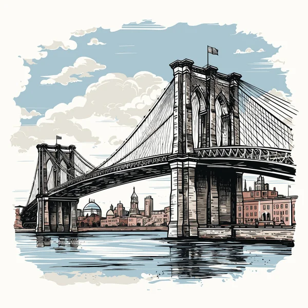 ブルックリン ブリッジの手描きコミックイラスト ブルックリン橋 ベクトル落書きスタイルの漫画イラスト — ストックベクタ
