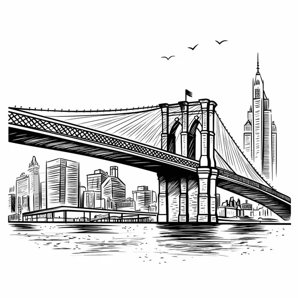 Brooklyn Bridge Hand Drawn Comic Illustration Brooklyn Bridge Vector Doodle — Stock Vector