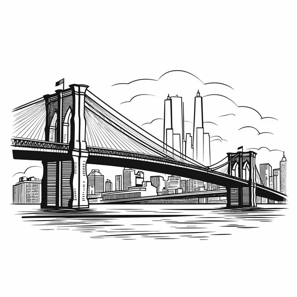 布鲁克林大桥手绘漫画 布鲁克林大桥矢量涂鸦风格卡通画 — 图库矢量图片