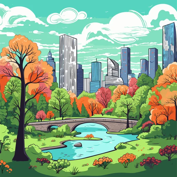 Central Park Ilustração Cômica Desenhada Mão Central Park Vector Doodle —  Vetores de Stock