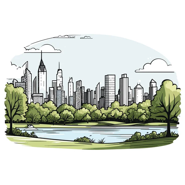 Central Park Hand Drawn Comic Illustration Central Park Vector Doodle — Stock Vector
