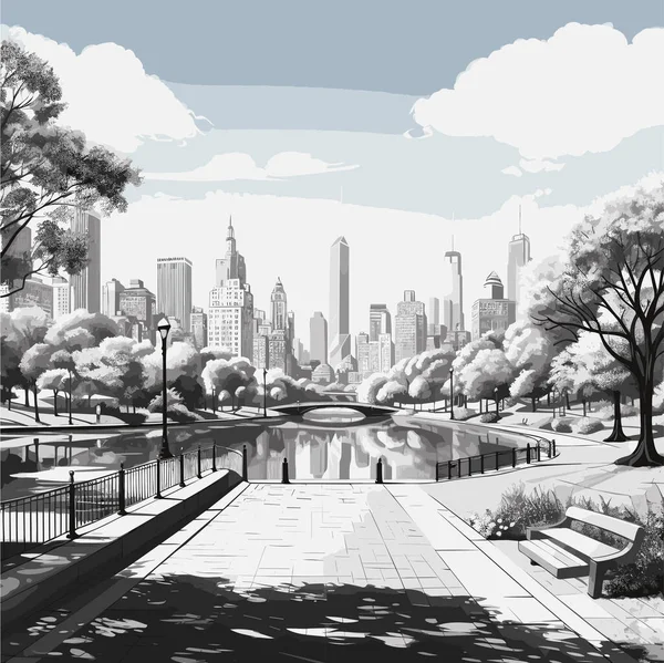 セントラルパークの手描きコミックイラスト 中央公園 ベクトル落書きスタイルの漫画イラスト — ストックベクタ