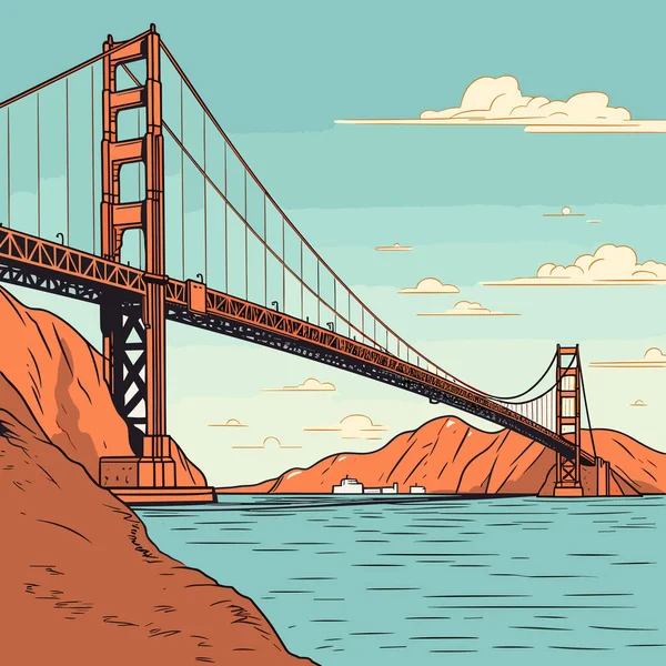 Golden Gate Bridge Met Hand Getekend Stripverhaal Golden Gate Brug — Stockvector