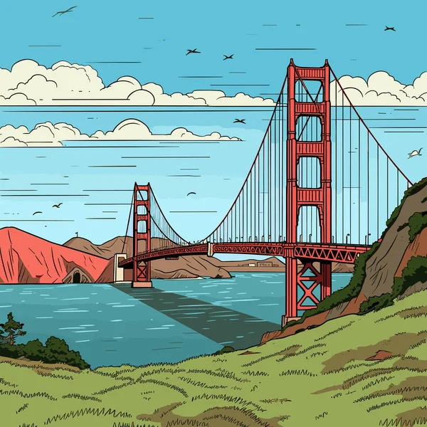 Ilustracja Komiksu Mostu Golden Gate Most Golden Gate Wektor Doodle — Wektor stockowy