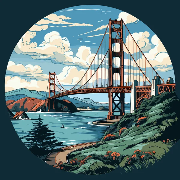 Golden Gate Bridge Ilustração Cômica Desenhada Mão Ponte Golden Gate — Vetor de Stock