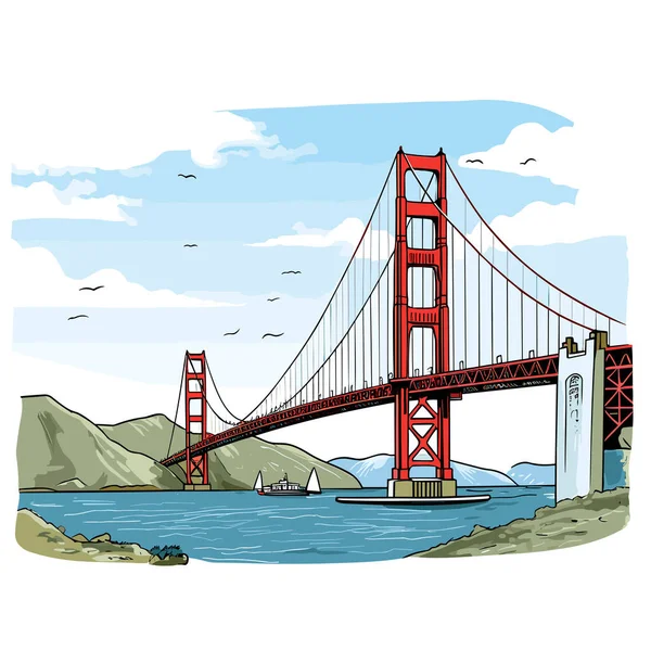 Golden Gate Bridge Met Hand Getekend Stripverhaal Golden Gate Brug — Stockvector