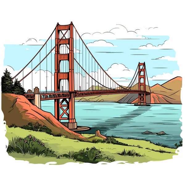 Golden Gate Bridge Illustration Comique Dessinée Main Golden Gate Bridge — Image vectorielle
