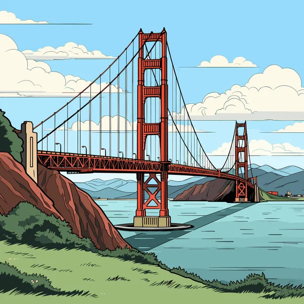 Golden Gate Bridge Ručně Kreslený Komiks Most Golden Gate Vektorové — Stockový vektor