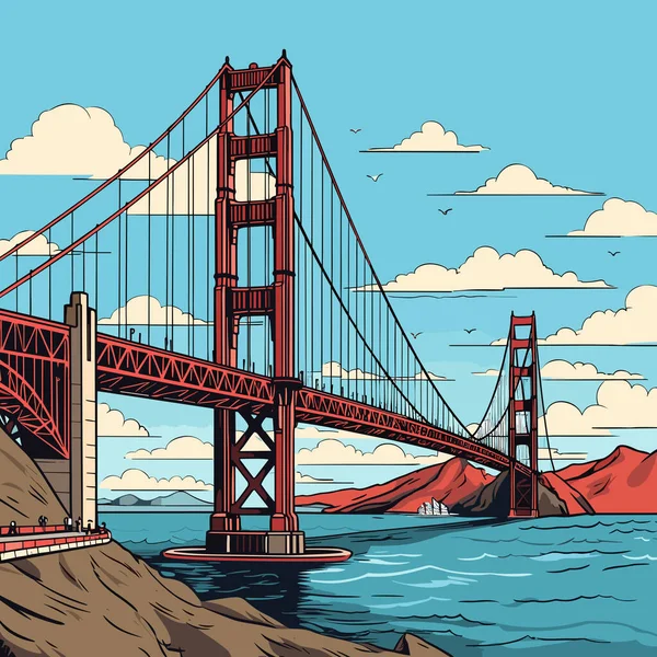 Χειροποίητη Κωμική Απεικόνιση Της Γέφυρας Γκόλντεν Γκέιτ Γέφυρα Γκόλντεν Γκέιτ — Διανυσματικό Αρχείο