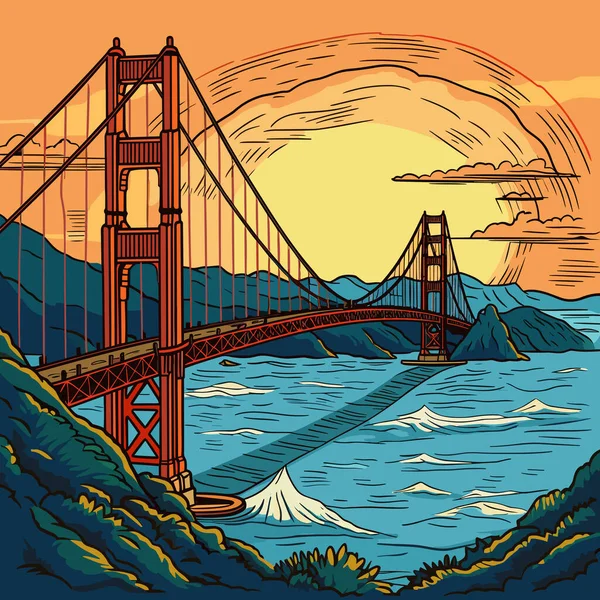 Ilustracja Komiksu Mostu Golden Gate Most Golden Gate Wektor Doodle — Wektor stockowy