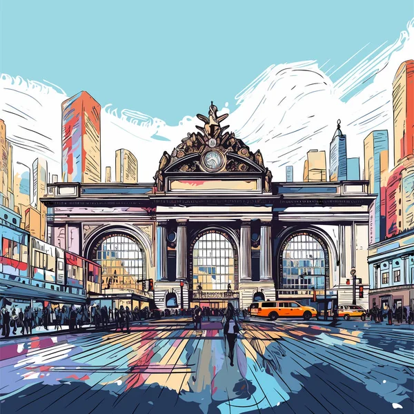 Grand Central Terminal Desenhado Mão Ilustração Quadrinhos Terminal Grand Central — Vetor de Stock