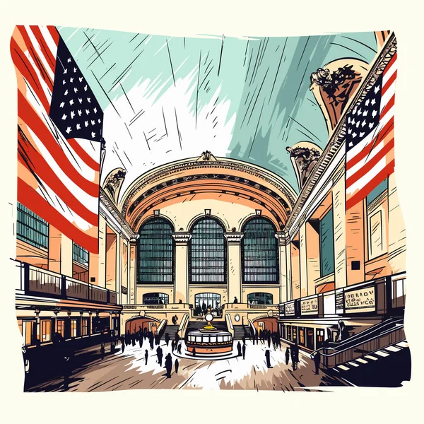 Ilustracja Komiksu Grand Central Terminal Terminal Grand Central Wektor Doodle — Wektor stockowy