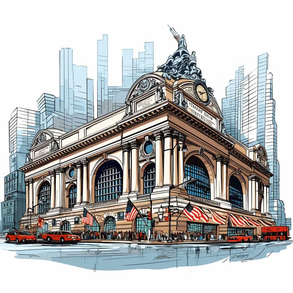 中央车站手绘漫画 大中央总站矢量涂鸦风格卡通画 — 图库矢量图片